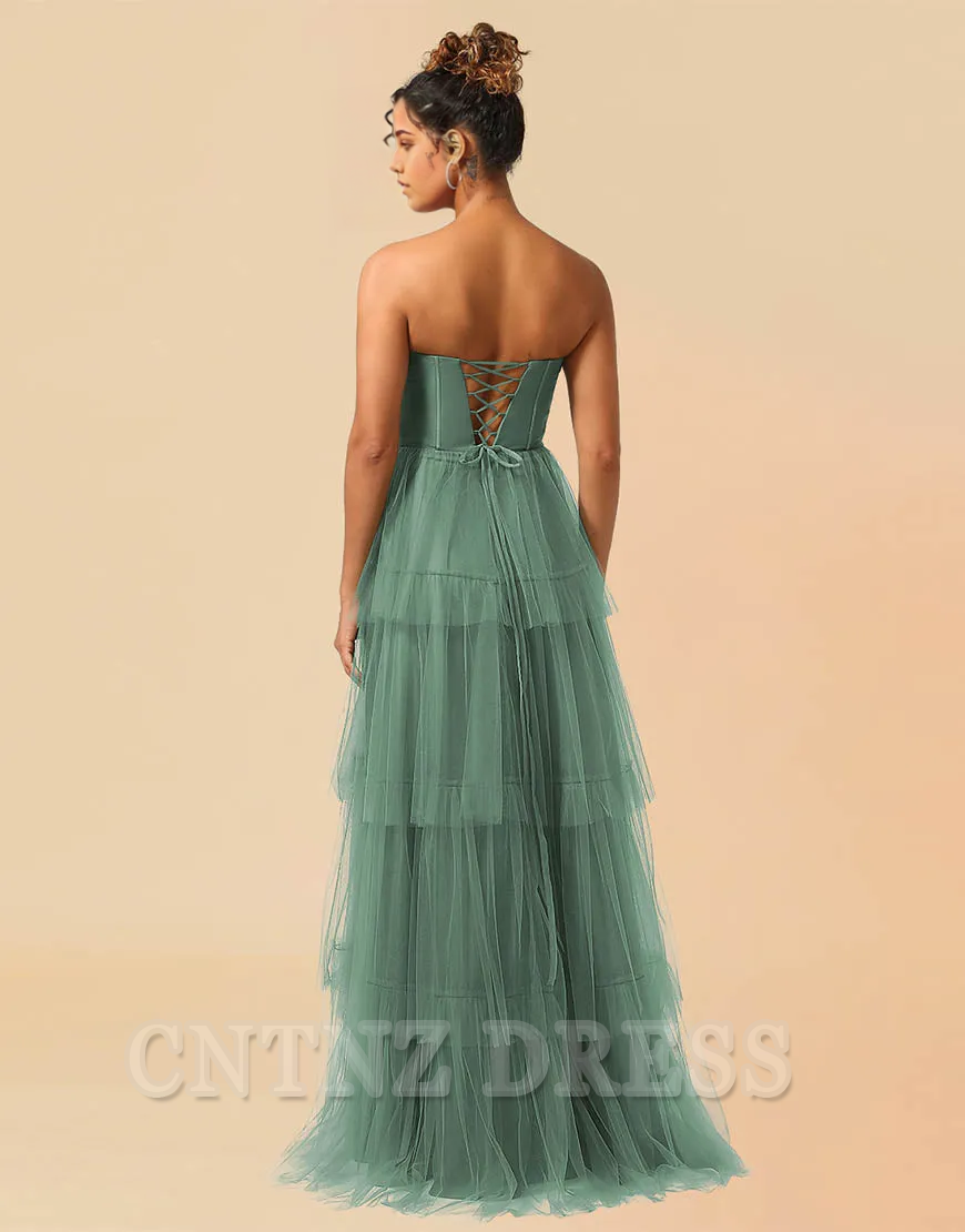 Wholesa A-Line Detachable Straps Lace Up Tulle formal dresses Bridesmaid Dresses evening gown Prom Dress With Split