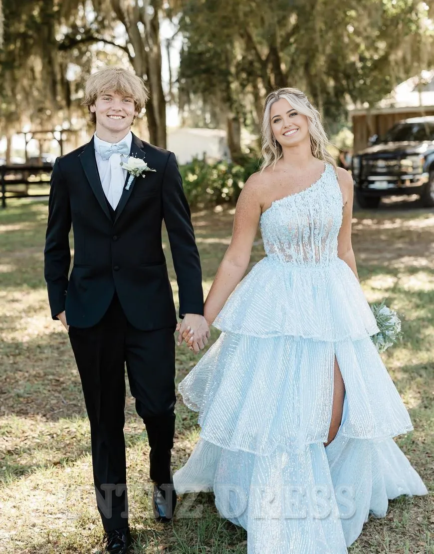 Wholesa A-Line One Shoulder Layered formal dresses evening gown Prom Dress With Split