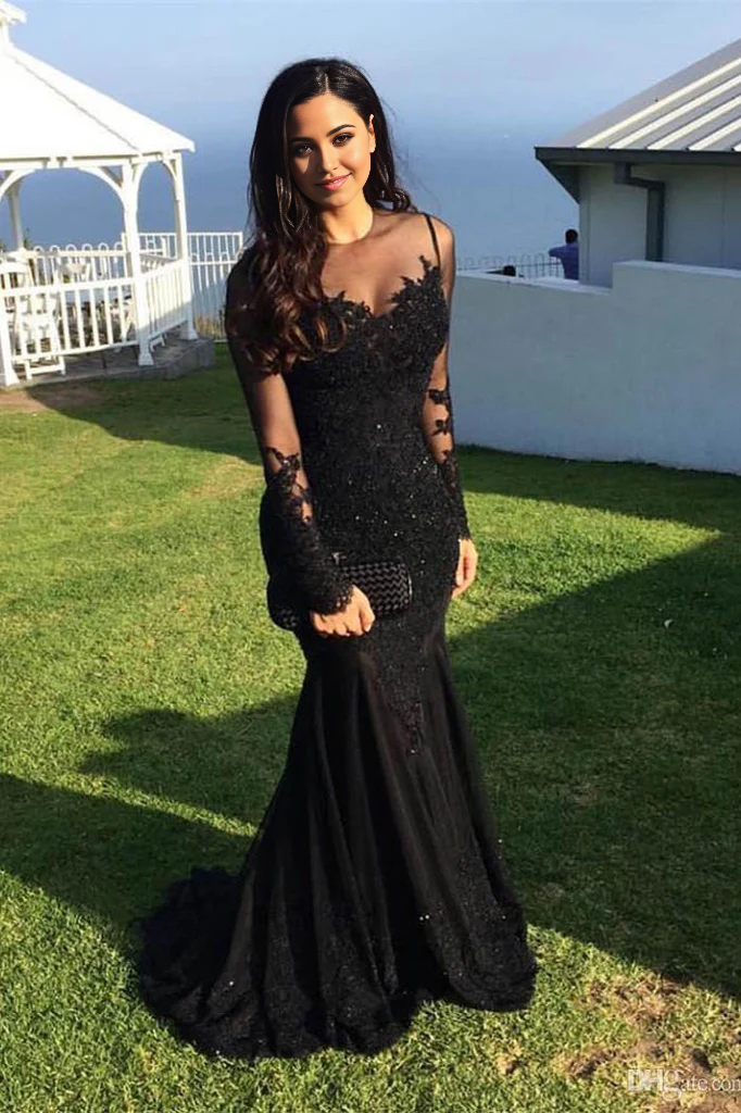 Wholesa Mermaid Long Sleeves Prom Dresses Evening Dress with Appliques