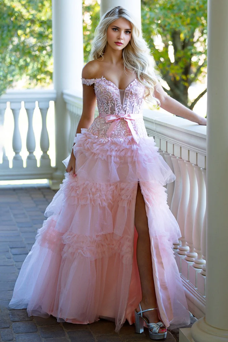 Luxury Formal Women's Dresses Pink Tulle A Line Off the Shoulder Deep V Neck Sleeveless Lace Applique Tiers Ruffles with Bow Romantic Bargain Long Prom Dress