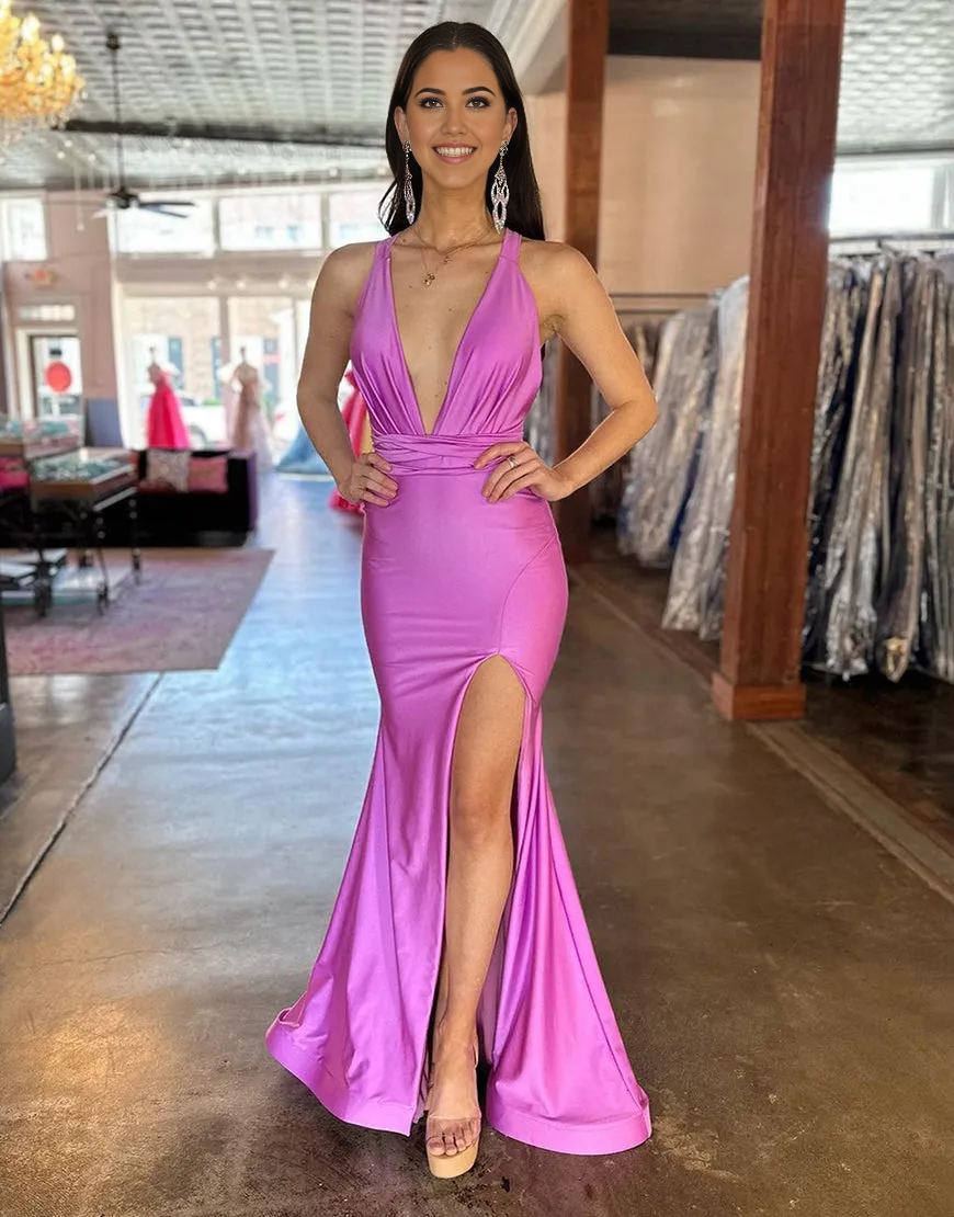 Wholesa Sheath Deep V-Neck Cross Backless Long Satin formal dresses evening gown Prom Dress With Split