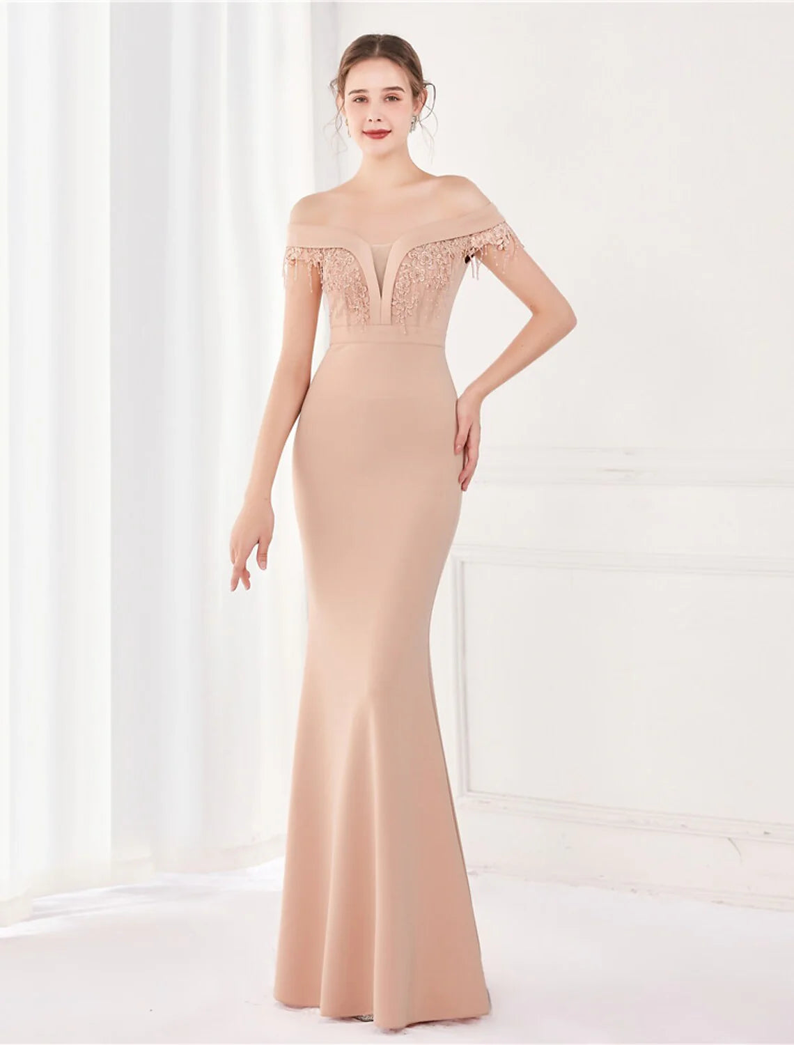 Wholesa Mermaid / Trumpet Elegant Sexy Wedding Guest Formal Evening Dress Off Shoulder V Back Short Sleeve Floor Length Satin with Tassel