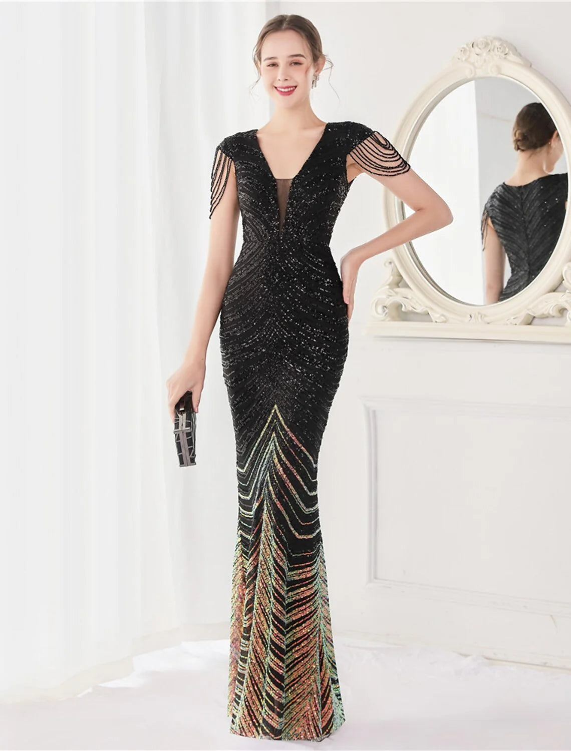 Wholesa Mermaid / Trumpet Evening Gown Elegant Dress Wedding Guest Floor Length Sleeveless V Neck Sequined V Back with Sequin