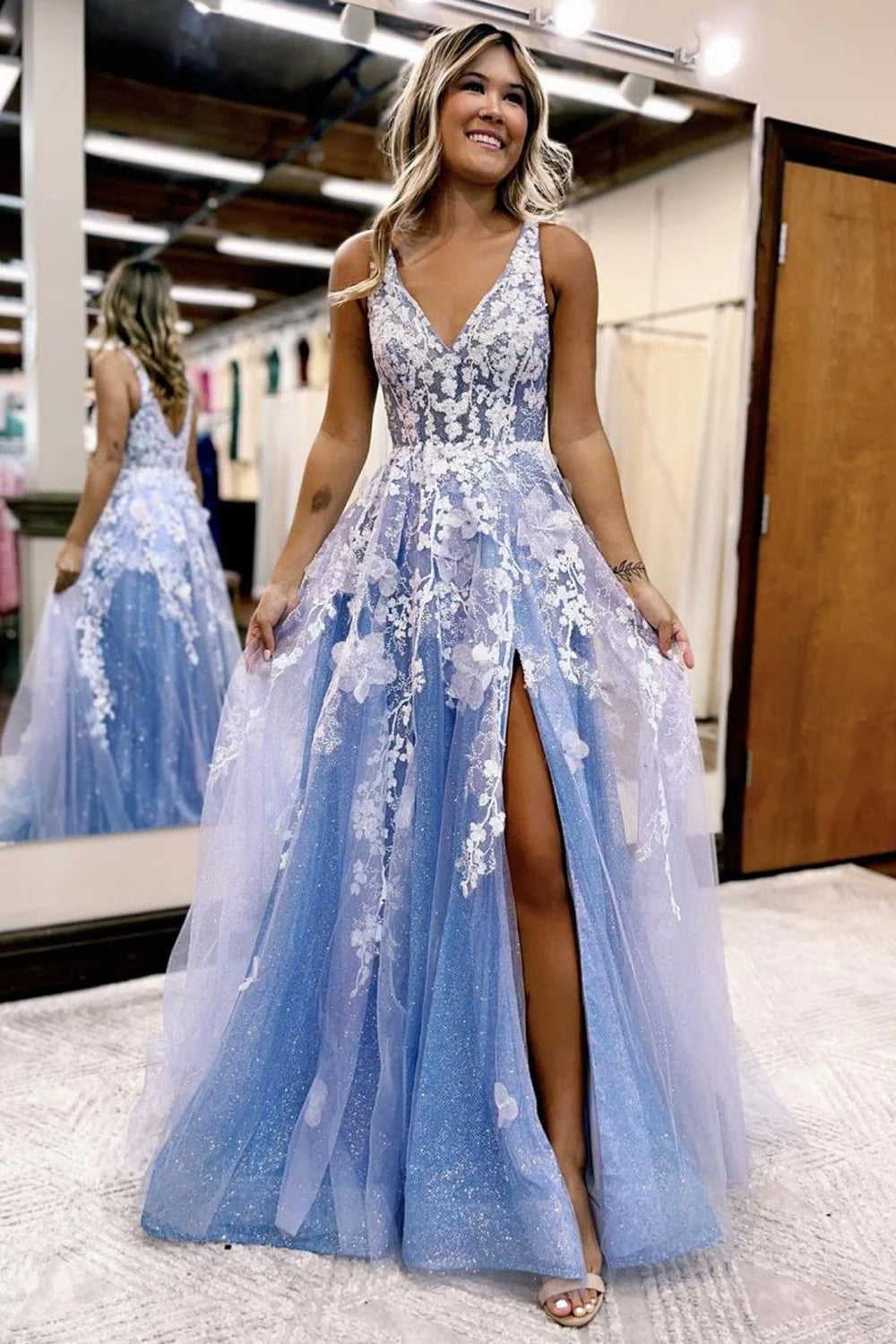 Wholesa A-Line Glitter Lace Long Prom Dress with Flowers and Pockets