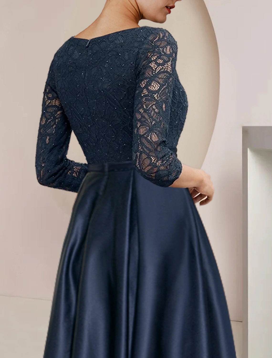 A-Line Scoop Neck 3/4 Sleeve High-Low Tea Length Mother of the Bride Dress.