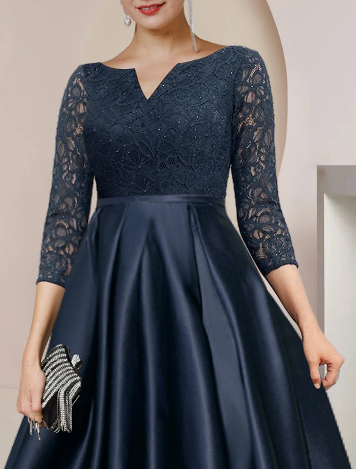 A-Line Scoop Neck 3/4 Sleeve High-Low Tea Length Mother of the Bride Dress.