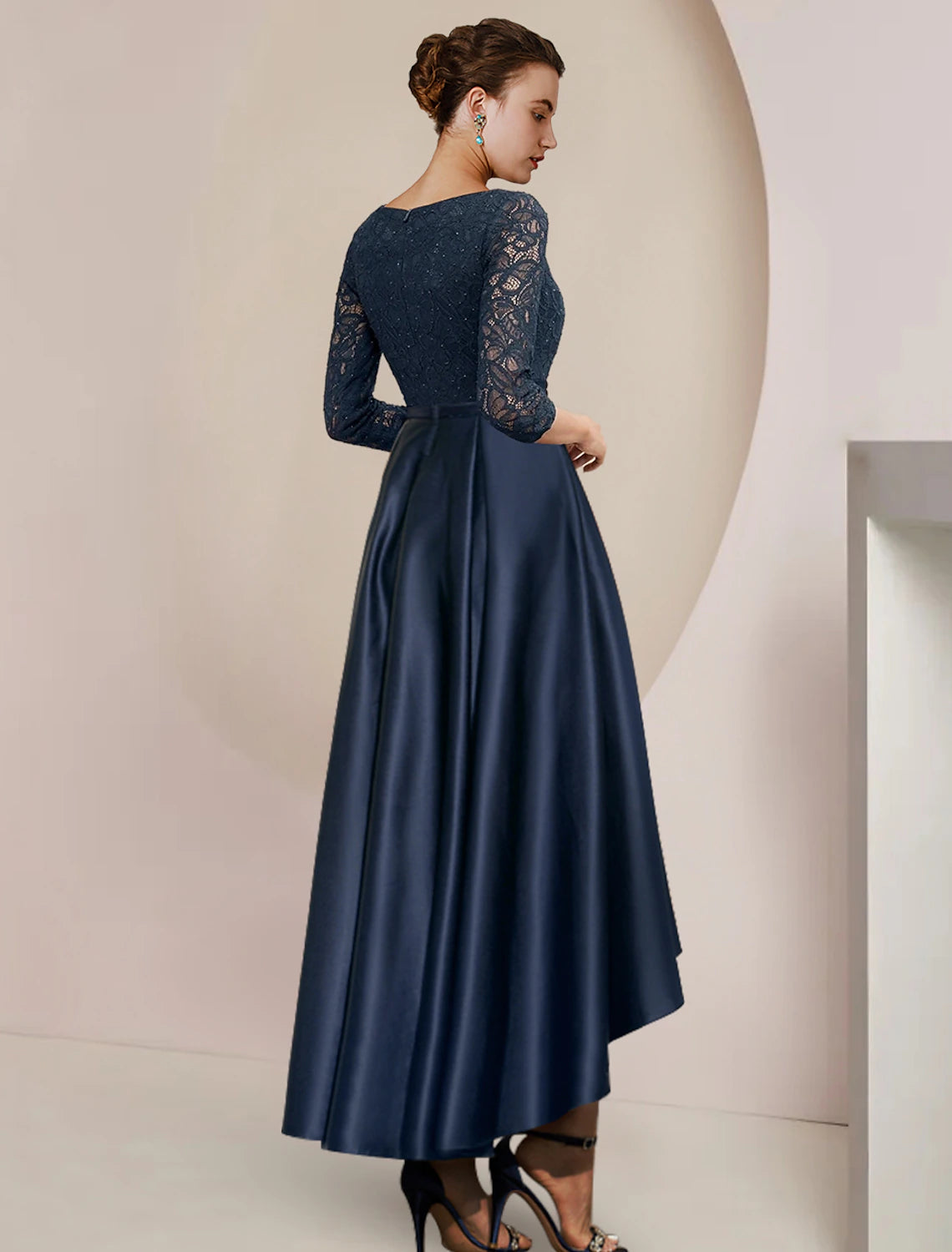 A-Line Scoop Neck 3/4 Sleeve High-Low Tea Length Mother of the Bride Dress.