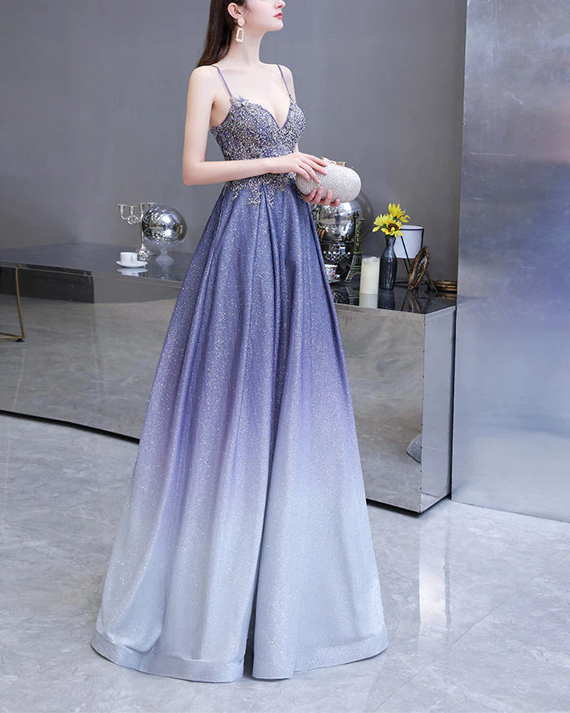 Wholesa A Line Spaghetti Strap V Neck Sequin Beads Floor Length Prom Dresses With Lace Applique Rhinestone