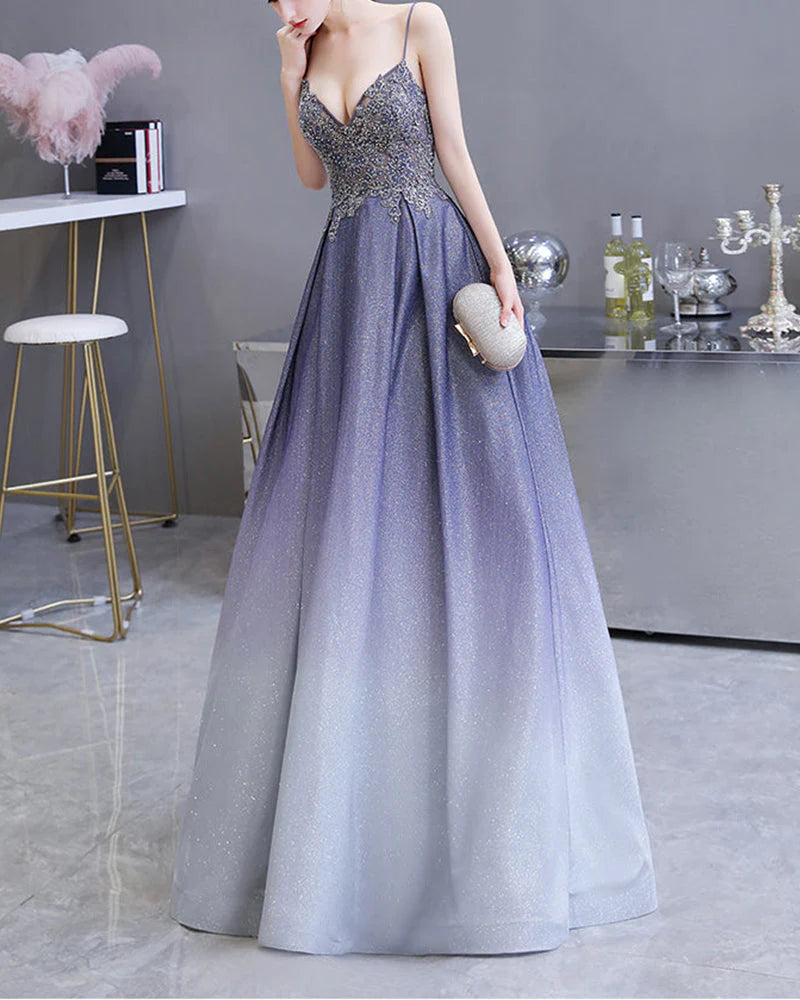 Wholesa A Line Spaghetti Strap V Neck Sequin Beads Floor Length Prom Dresses With Lace Applique Rhinestone