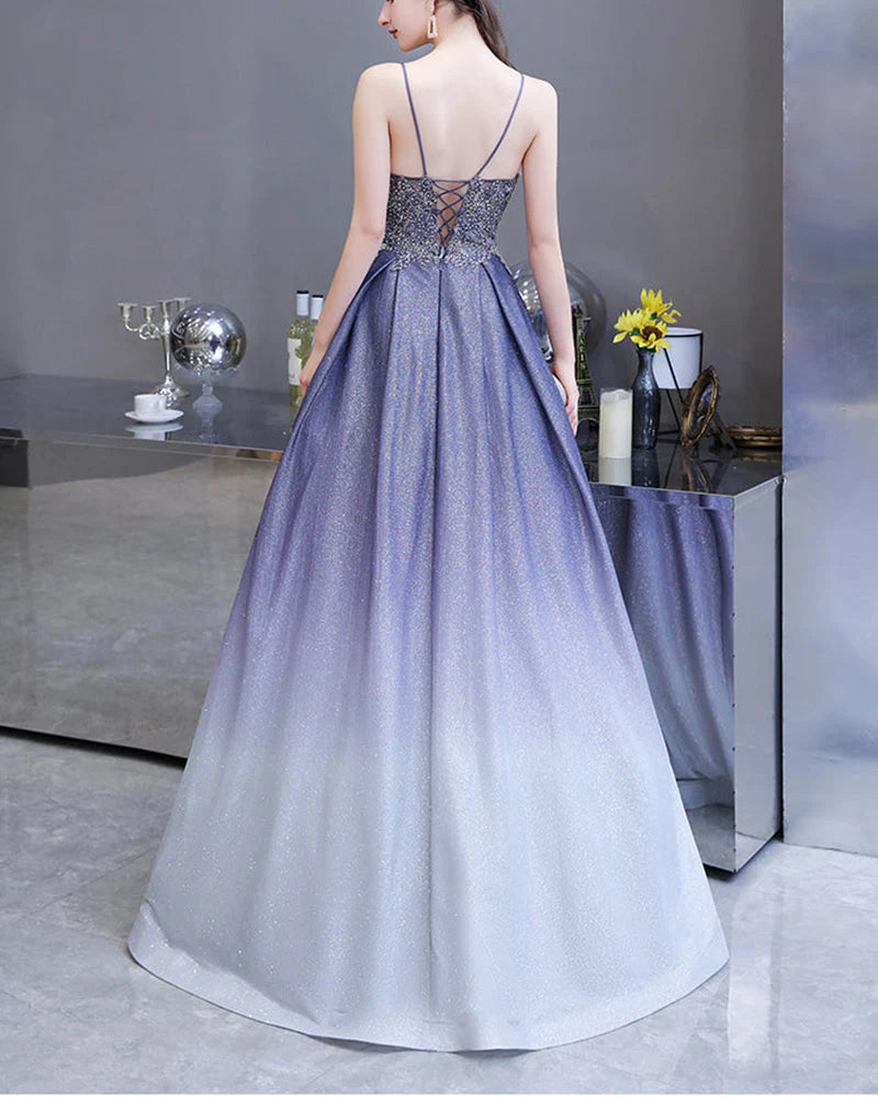 Wholesa A Line Spaghetti Strap V Neck Sequin Beads Floor Length Prom Dresses With Lace Applique Rhinestone