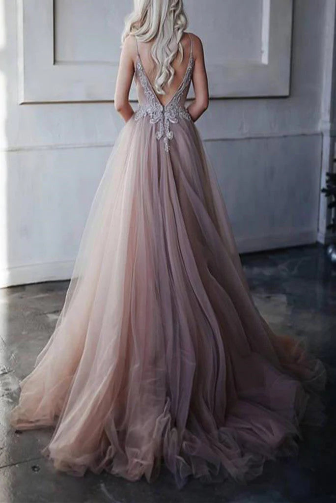 Wholesa A Line V Neck With Beading Floor Length Tulle Prom Dresses