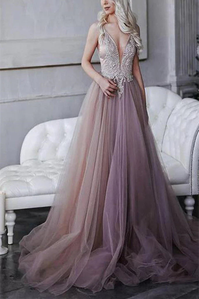 Wholesa A Line V Neck With Beading Floor Length Tulle Prom Dresses