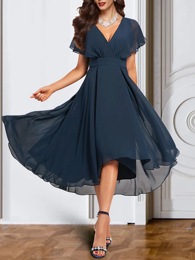 Wholesa A-Line Chiffon V Neck Short Sleeves Mother Of The Bride Dresses With Belt