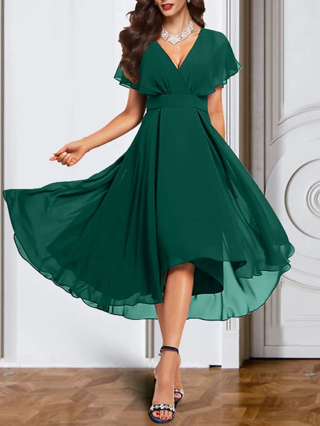 Wholesa A-Line Chiffon V Neck Short Sleeves Mother Of The Bride Dresses With Belt