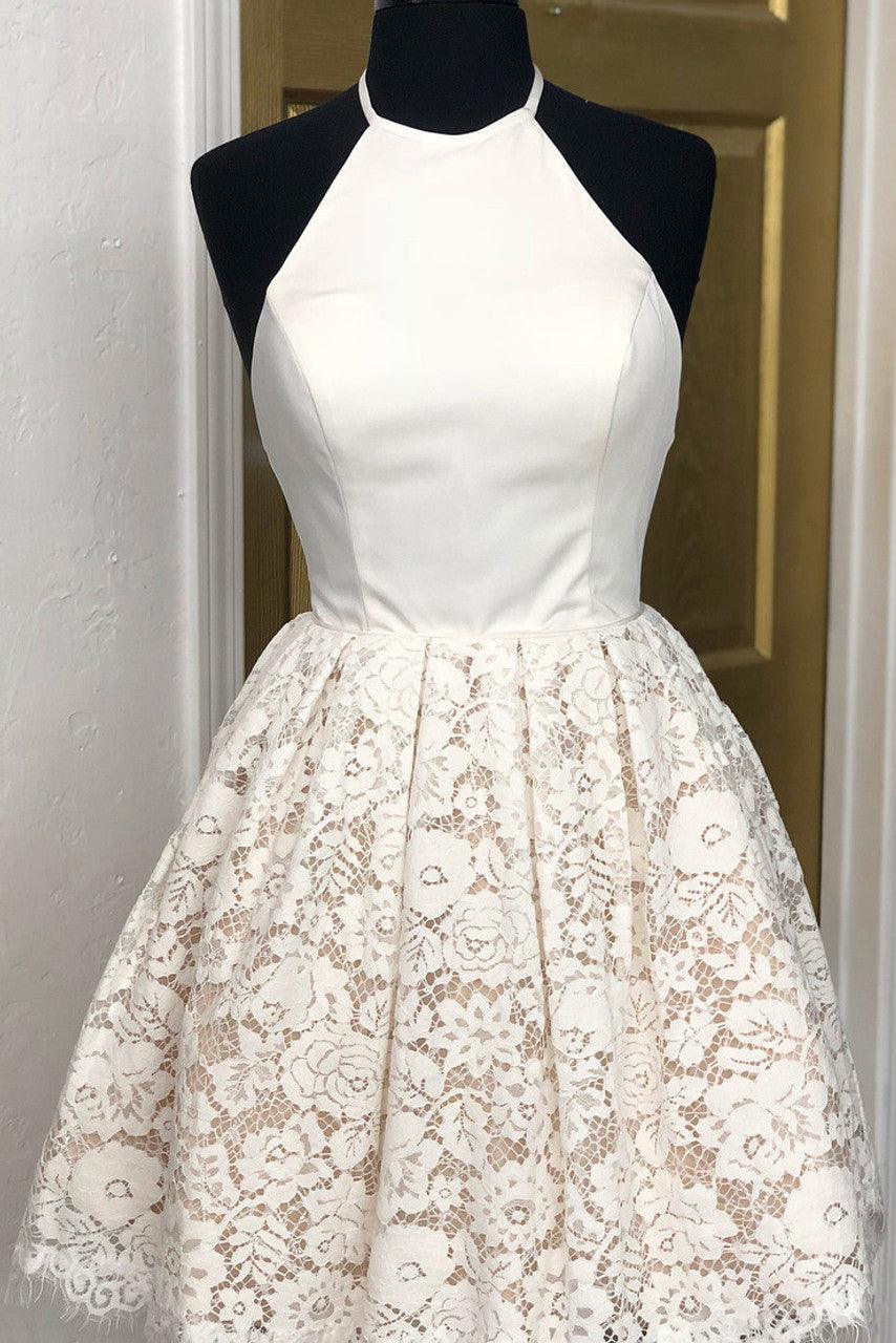 Wholesa A-Line Lace Halter Neckline Backless Ivory Short Homecoming Dress