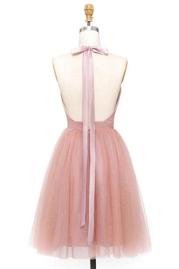 Wholesa A-Line Tulle Deep V-neck Backless Pleats Pink Mini Homecoming Dress