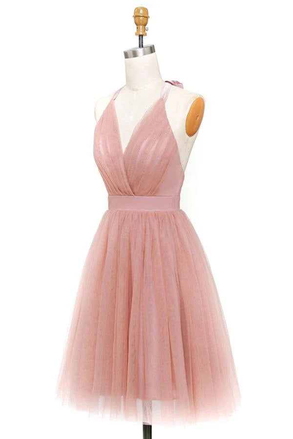 Wholesa A-Line Tulle Deep V-neck Backless Pleats Pink Mini Homecoming Dress