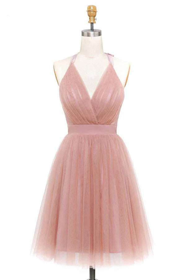 Wholesa A-Line Tulle Deep V-neck Backless Pleats Pink Mini Homecoming Dress