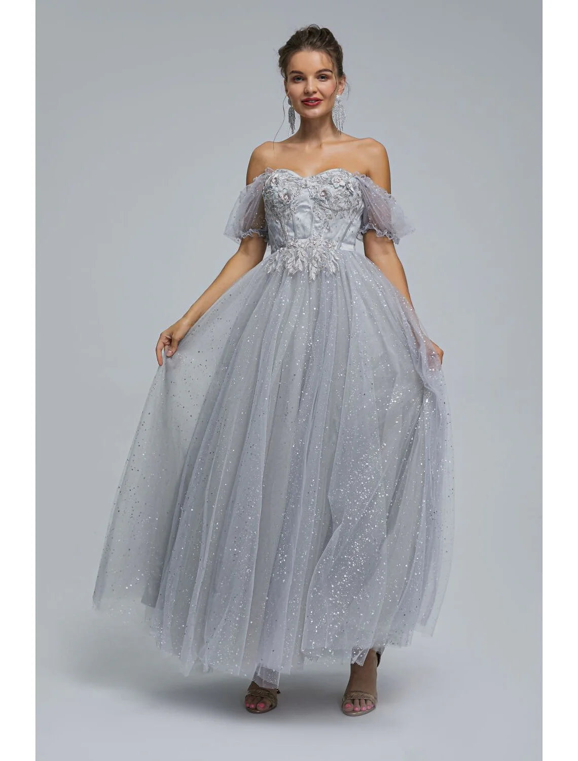 Wholesa A-Line Prom Dresses Princess Dress Quinceanera Tea Length Short Sleeve Off Shoulder Tulle with Sequin Appliques