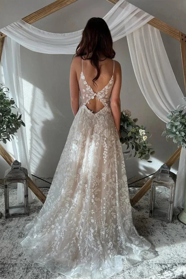 Wholesa A-Line Elegant Spaghetti Straps Key Hole Back Wedding Dress