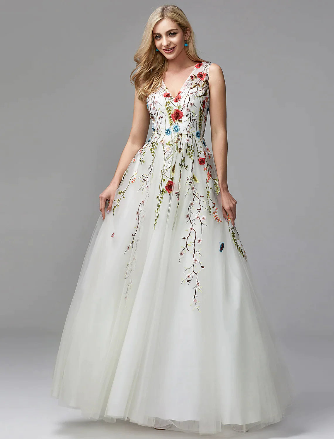 Wholesa A-Line Special Occasion Dresses White Dress Homecoming Floor Length Sleeveless V Neck Lace with Embroidery Appliques