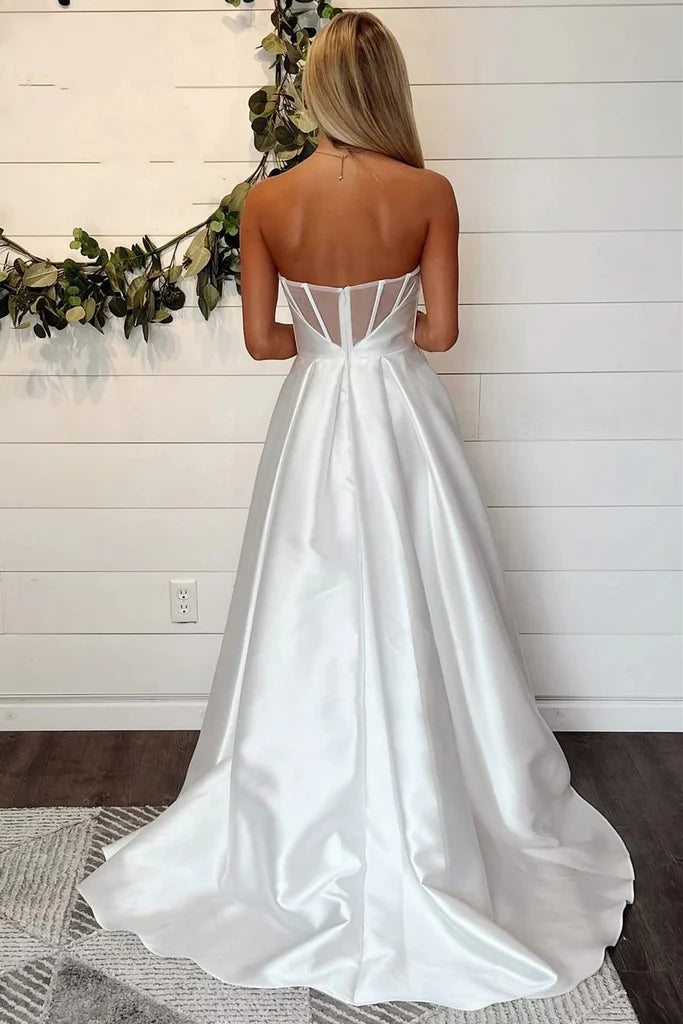 Wholesa A-line simple off-the-shoulder white wedding dress With Slit