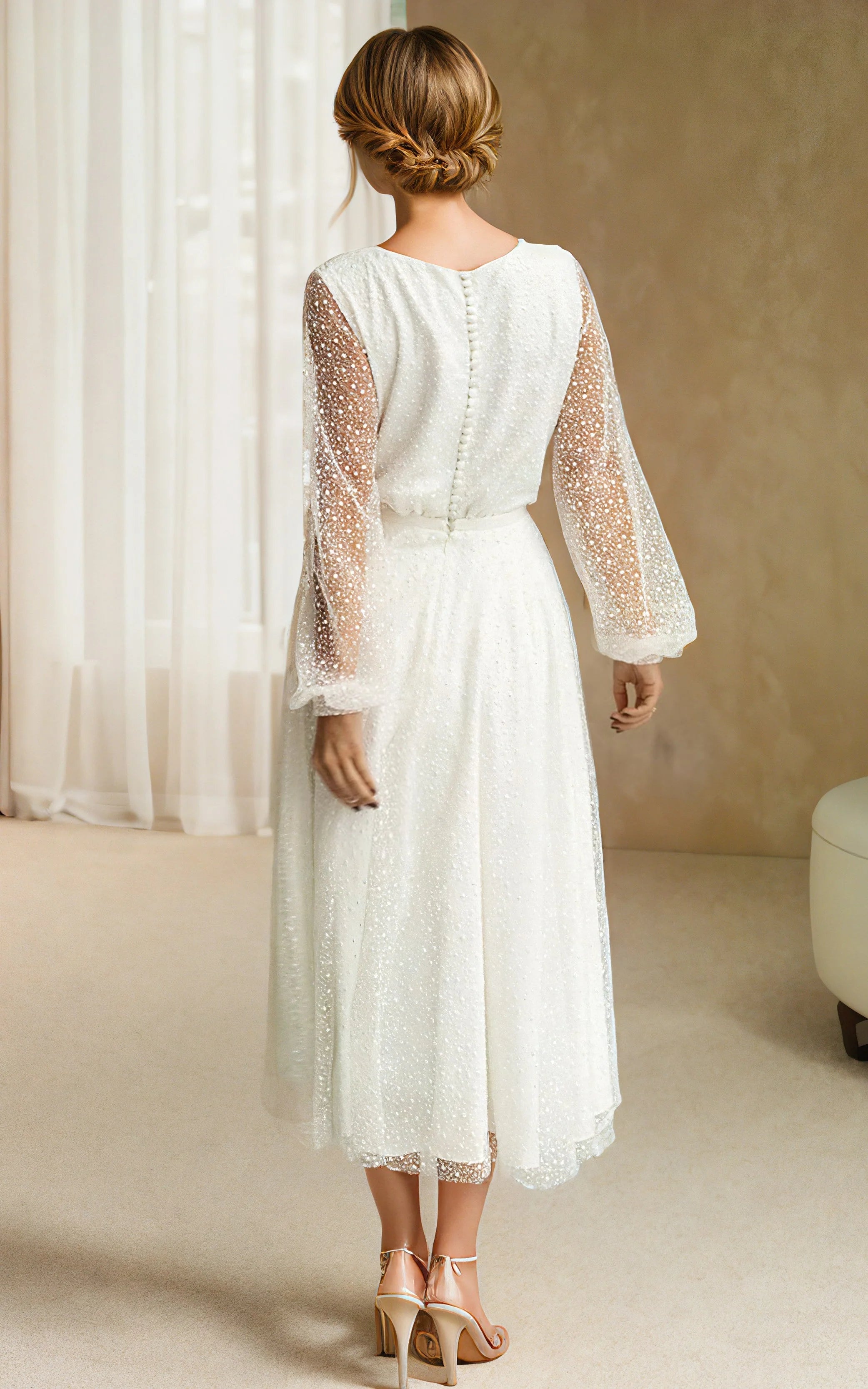 Wholesa A-Line Tulle Tea-Length Long Sleeve Wedding Dress
