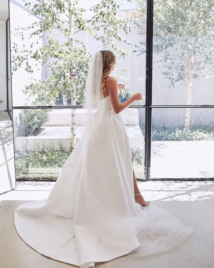 Wholesa A-Line Sleeveless Satin Wedding Dress With Side Slit