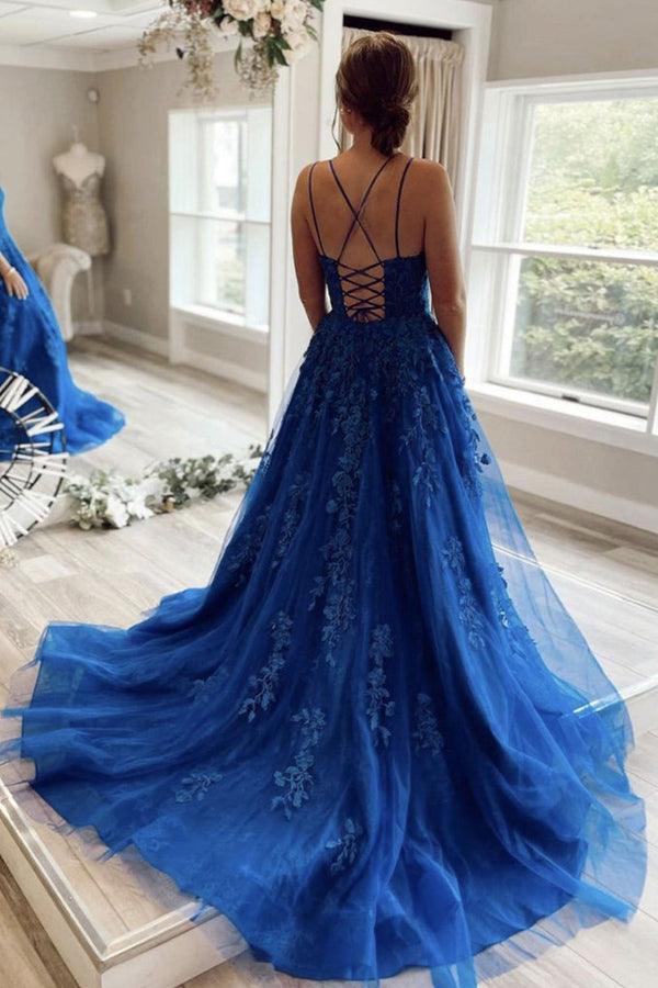 Wholesa A-line Round Neck Lace Blue Prom Dress Lace Up Evening Dress