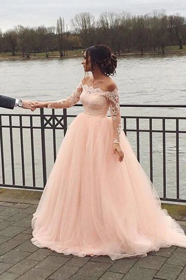 Wholesa A-line Off Shoulder Blush Pink Long Sleeves Wedding Dress