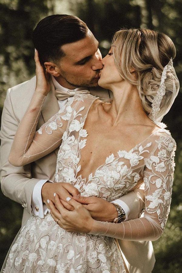 Wholesa A-line V Neckline Long Sleeves Lace Bridal Gowns Wedding Dresses