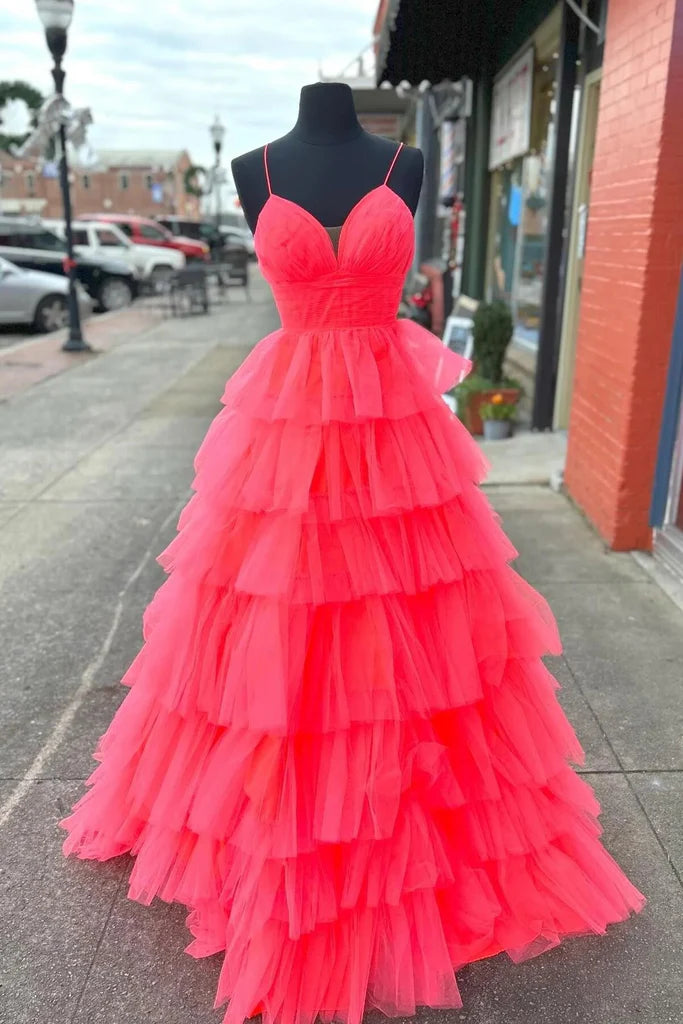 Wholesa A-line Layers Plunging V Neck Long Prom Dress