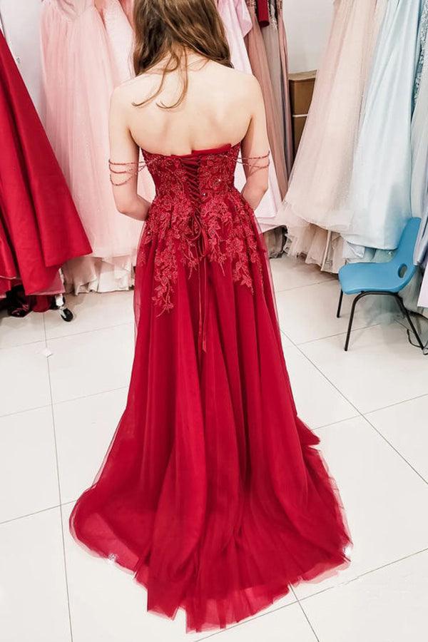 Wholesa A-line Tulle Sweep Train Prom Dresses With Beaded Sequins