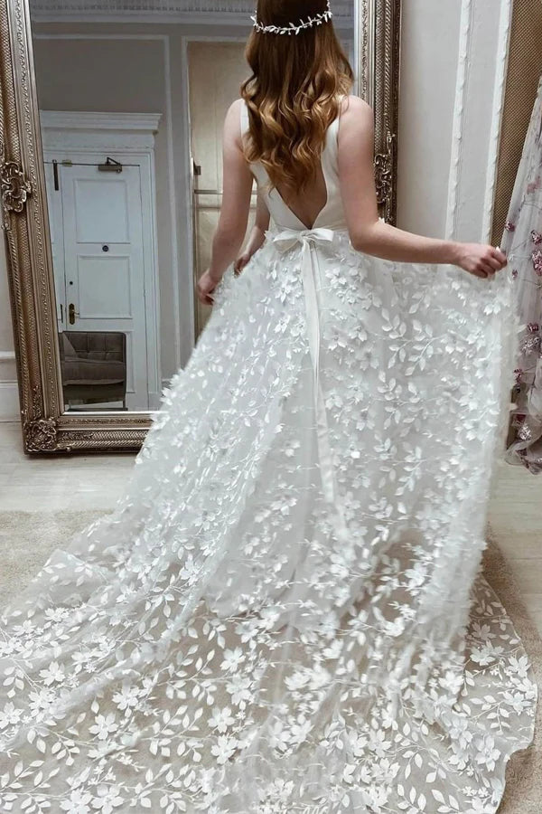Wholesa A-line V Neck Elegant Floral Lace Wedding Dresses