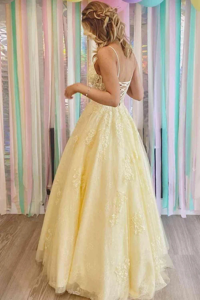 Wholesa A-line V-Neck Appliques Yellow Long Prom Dress Formal Dress