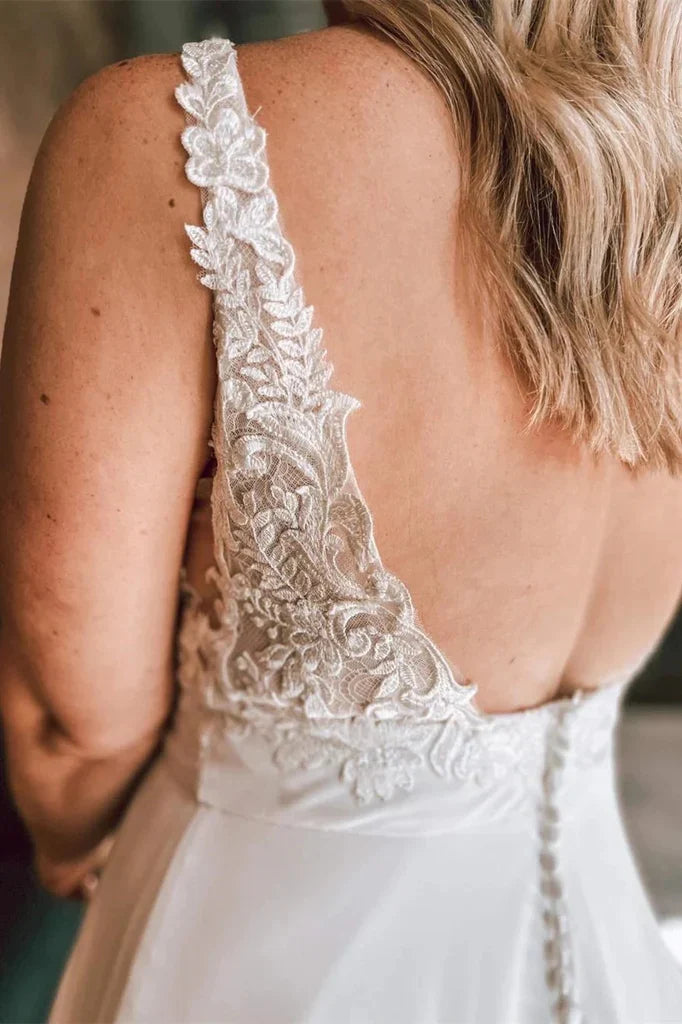 Wholesa A Line Floral Lace Open Back Ivory Long Wedding Dresses
