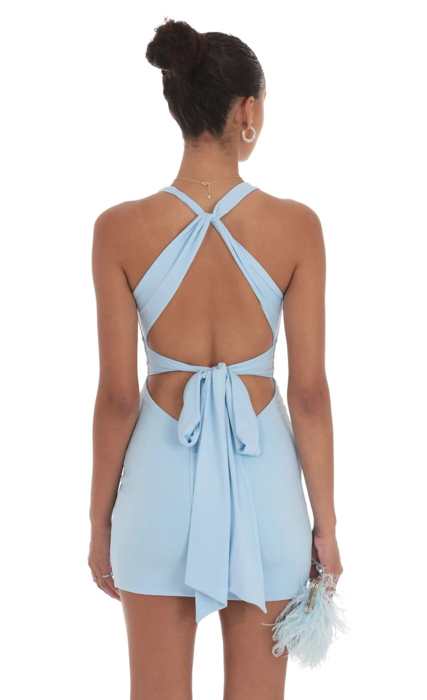 Alluring Bodycon Halter Sleeveless Twisted Open Back Baby Blue Mini Homecoming Dress
