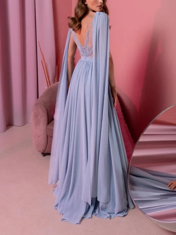 Wholesa A-Line V-Neck Sleeveless Floor-Length Evening Dress