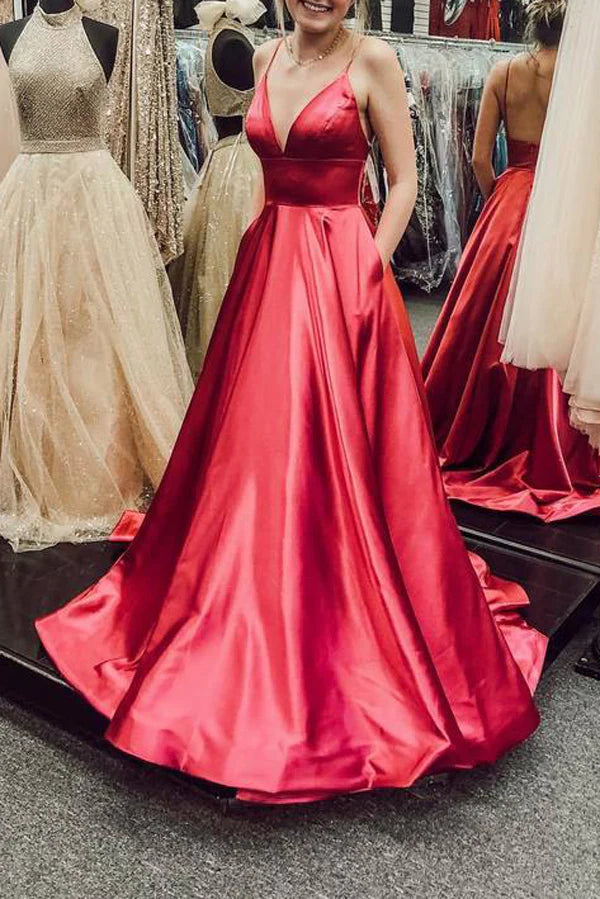 Wholesa Spaghetti Straps Backless Prom Dresses Pockets Long Evening Gowns