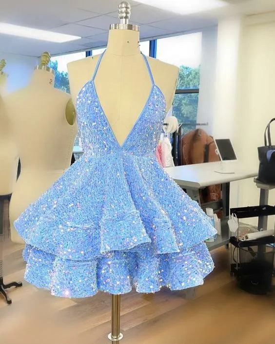 Baby Blue Halter Deep V Full Sequin Double Ruffle Mini Homecoming Dress