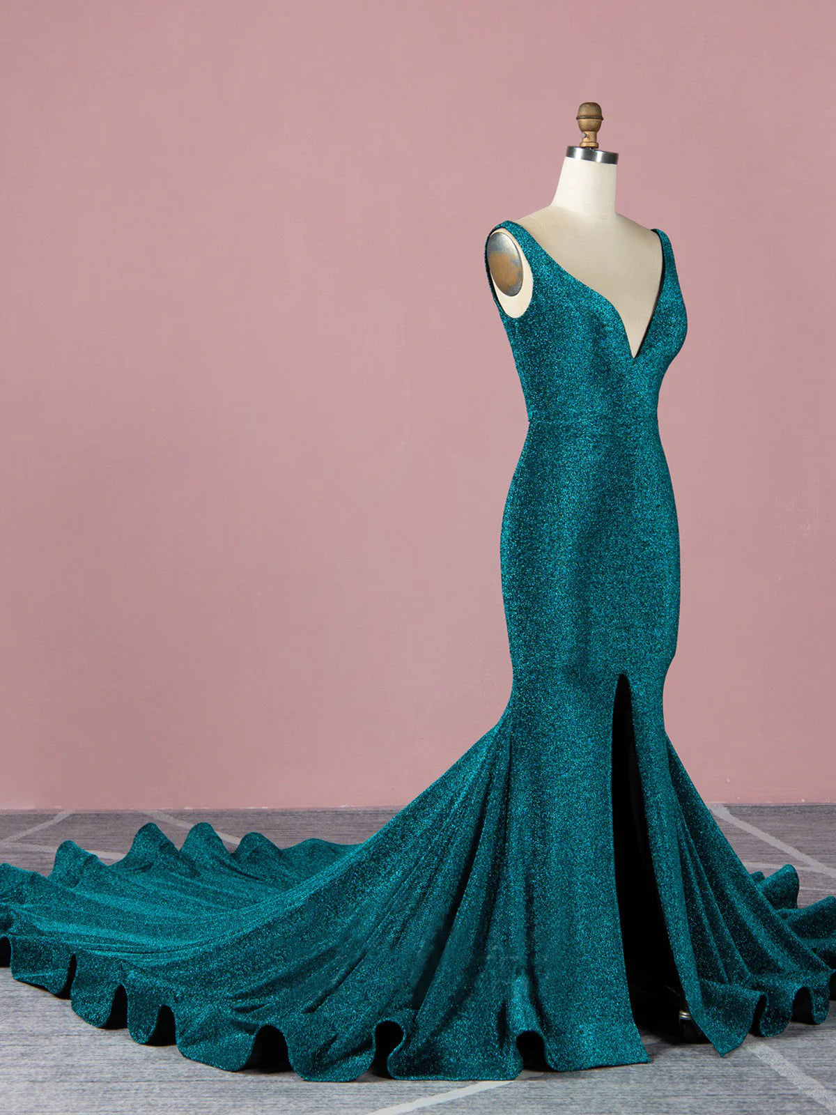 Wholesa Mermaid Long V Neck Evening Dress Custom Made Formal Slit Prom Dresses