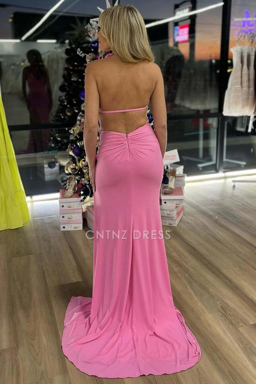 CNTNZ DRESS Charming Mermaid High Neck Floral Pleated Backless Party With Side Fashion Prom Dress