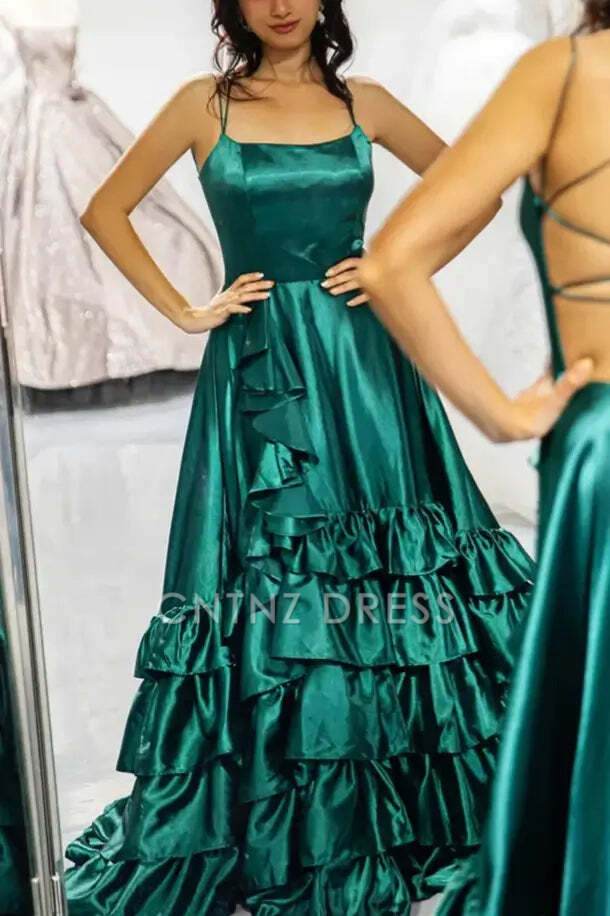 CNTNZ DRESS Exquisite A Line Spaghetti Straps Ruched Tiered Backless Side Fork Satin Party Fashion Hot Sale Prom Dress