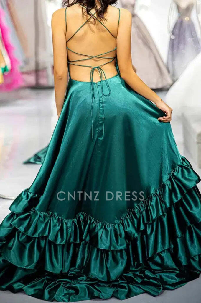 CNTNZ DRESS Exquisite A Line Spaghetti Straps Ruched Tiered Backless Side Fork Satin Party Fashion Hot Sale Prom Dress