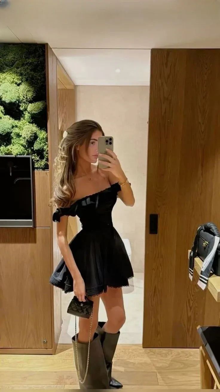 Black Off Shoulder Ruffle Satin Skater Mini Homecoming Dress