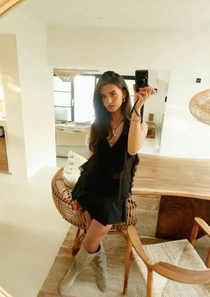 Black Sleeveless V Neck Ruffle Tier Chiffon Mini Party Dress