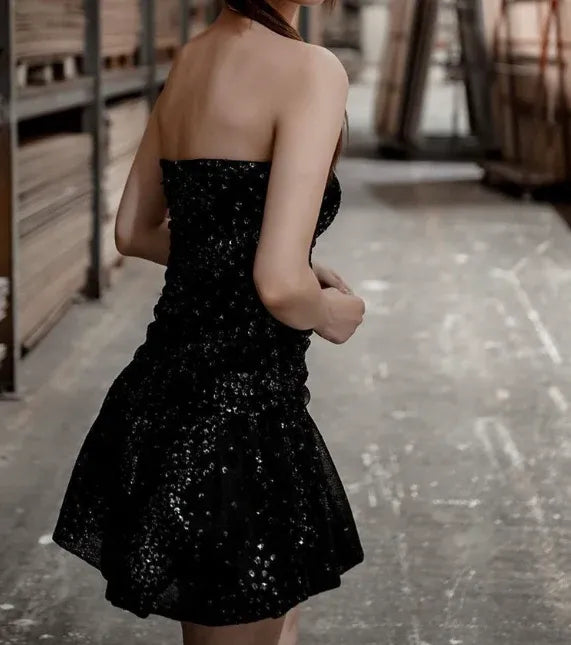 Black Strapless Full Sequin Ruched Bubble Hem Mini Homecoming Dress