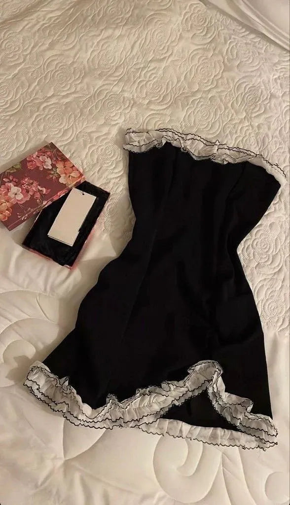 Black Strapless White Ruffle Trim Bodycon Mini Homecoming Dress