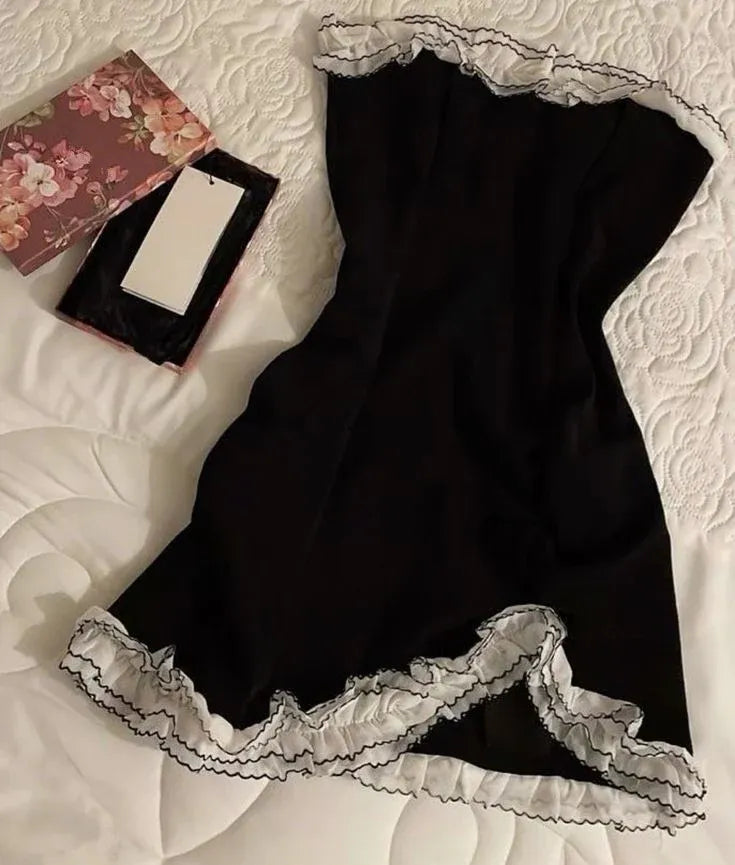 Black Strapless White Ruffle Trim Bodycon Mini Homecoming Dress