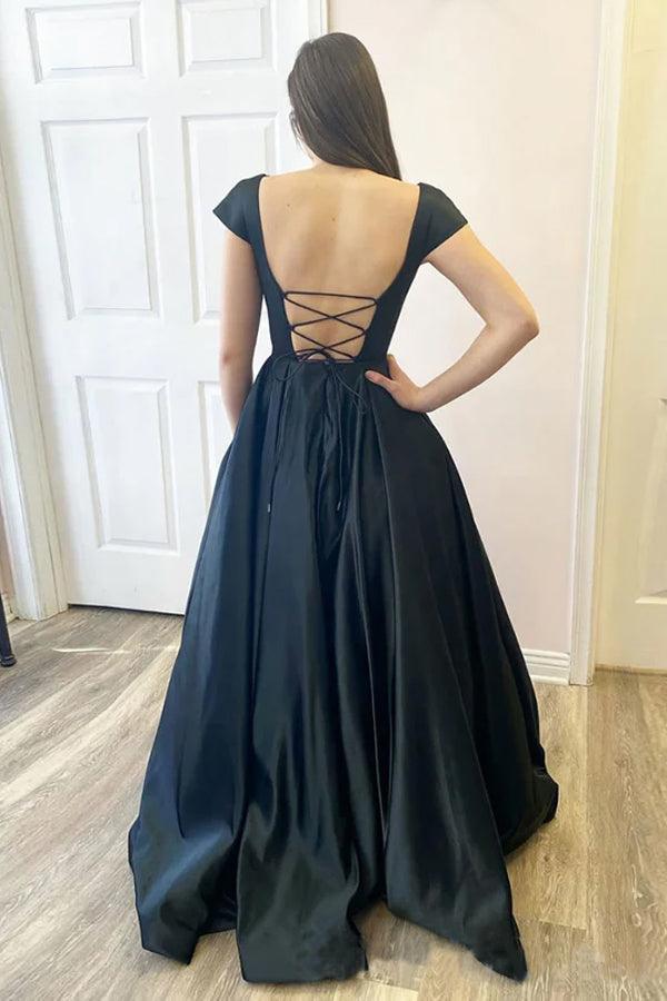 Wholesa A Line Satin Open Black Cap Sleeves Long Prom Dresses
